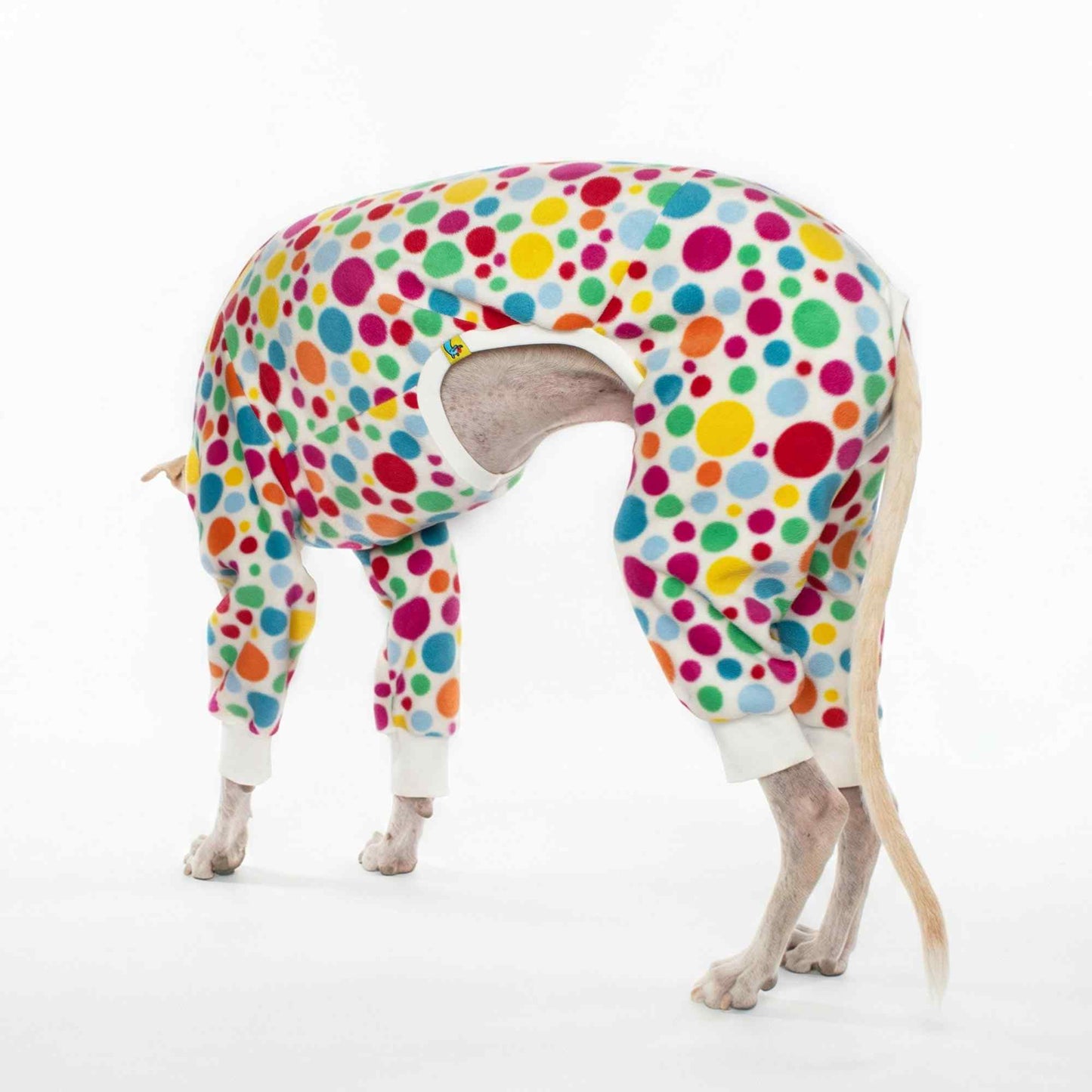Galgo con pijama polar Confeti Blanco, vista lateral trasera, abrigo artesanal con estampado confeti multicolor